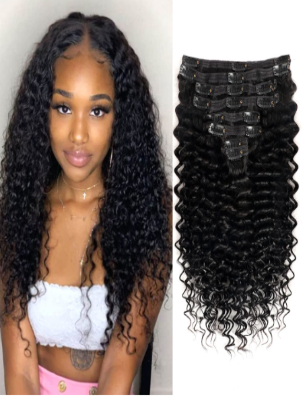 Full Cuticle Aligned Seamless Clip in Hair Extensions Deep Wave, 7pcs 165g Invisible PU Weft Remy Human Hair Extension